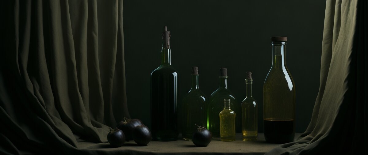 still life in brown tones with two bottles from green glass, bright draperies, by Zdzisław Beksiński, white smog on background, film gain (LeonardoAi)