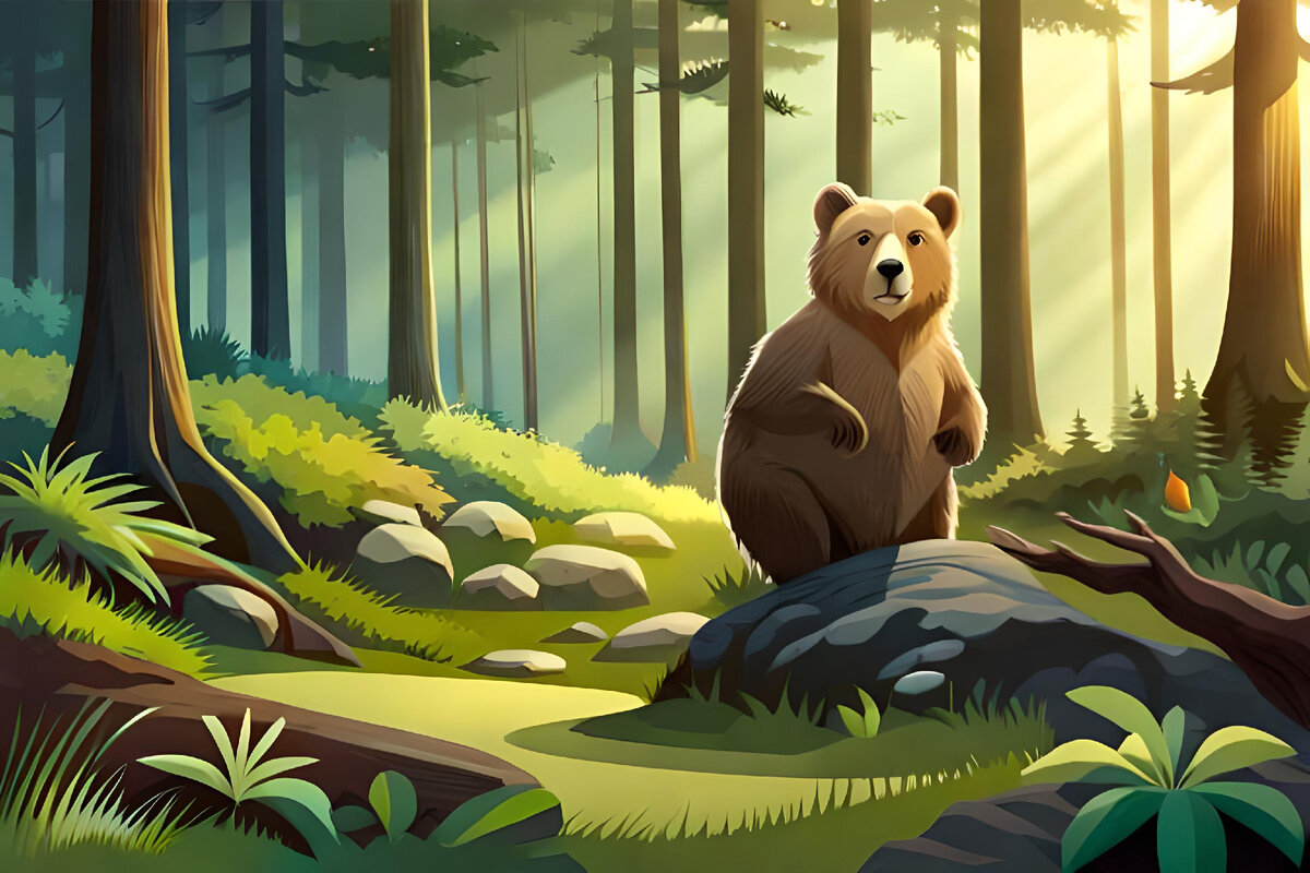 Добрый медведь в лесу. Нейросеть Blue Willow.