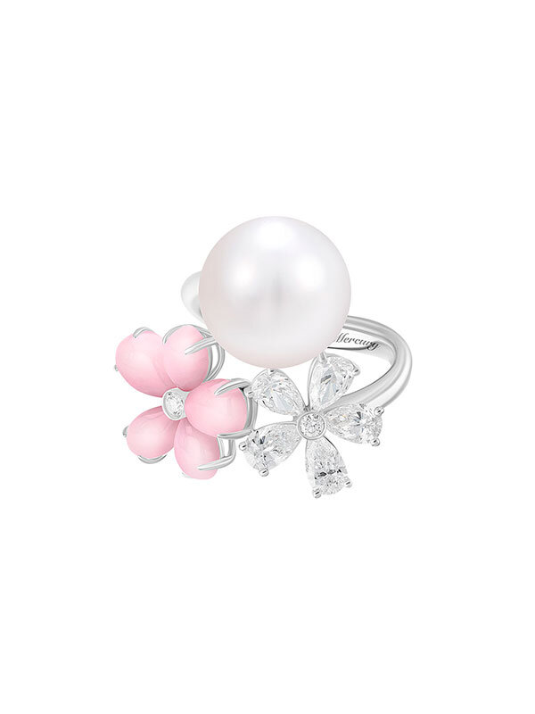 Кольцо Mercury Flower из белого золота с жемчугом, бриллиантами и розовыми опалами 