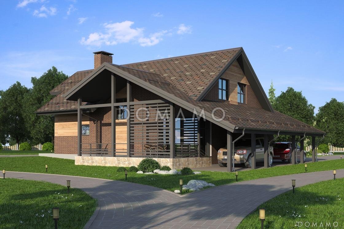 Проект D2270 — вид со стороны навеса для машин и террасы, ведущей на кухню