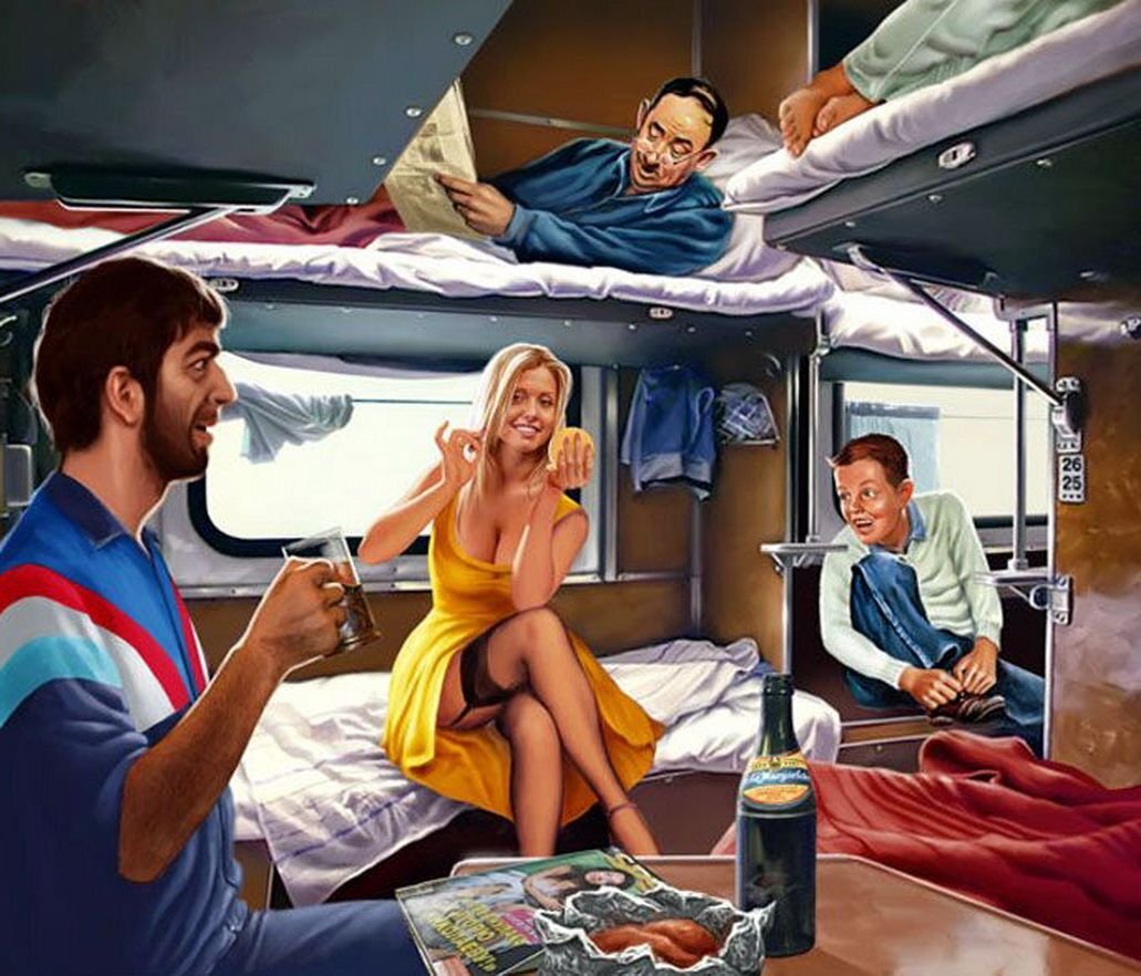 Плацкартный вагон эпохи СССР. Рисунок: Валерий Барыкин