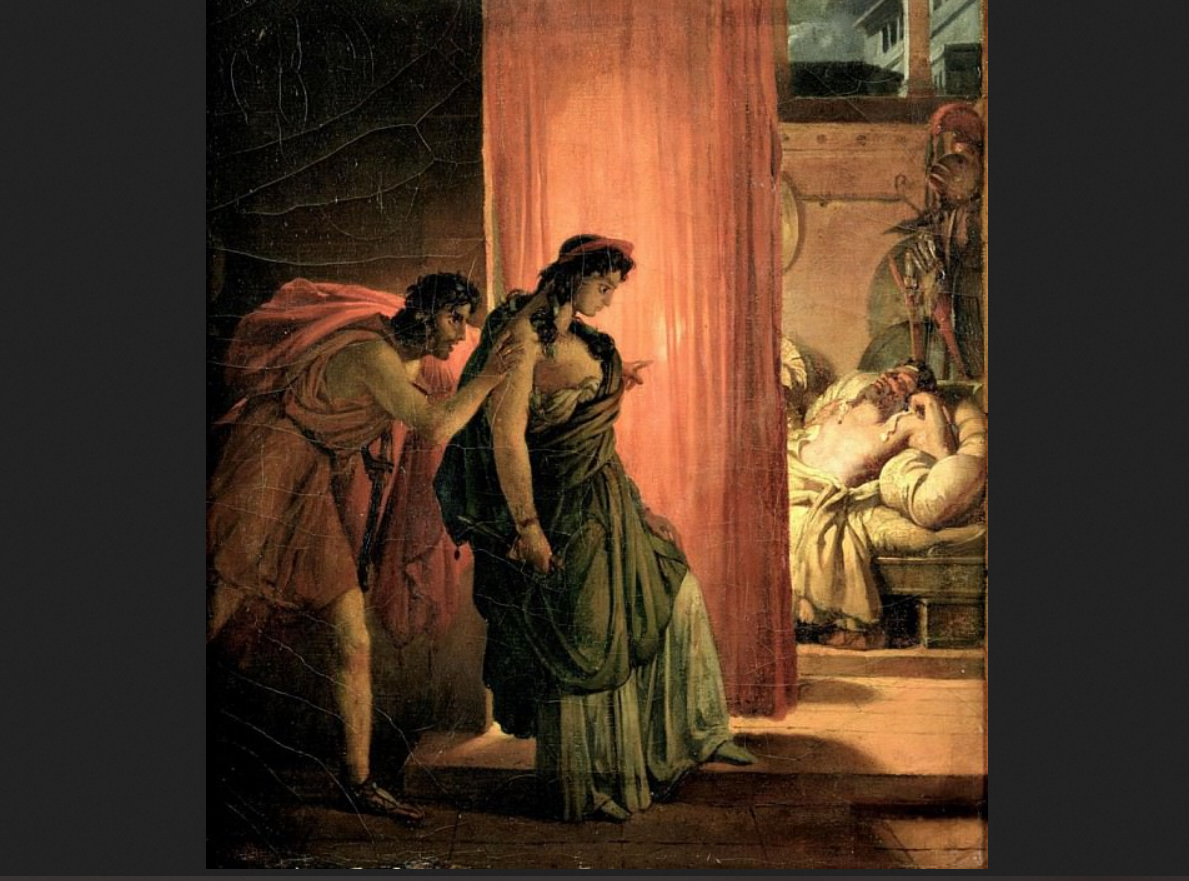 Пьер Нарсис Герен. "Колеблющаяся Клитемнестра, подстрекаемая Эгисфом к убийству спящего Агамемнона", 1817. 