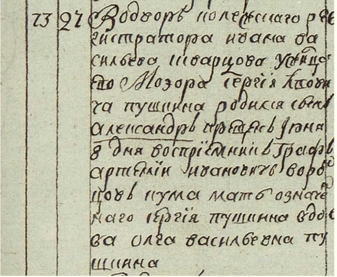 О записях рождения. Запись в метрической книге о рождении Пушкина. Метрическая запись о рождении Пушкина. Запись о рождении Пушкина. Метрическая книга Пушкина.