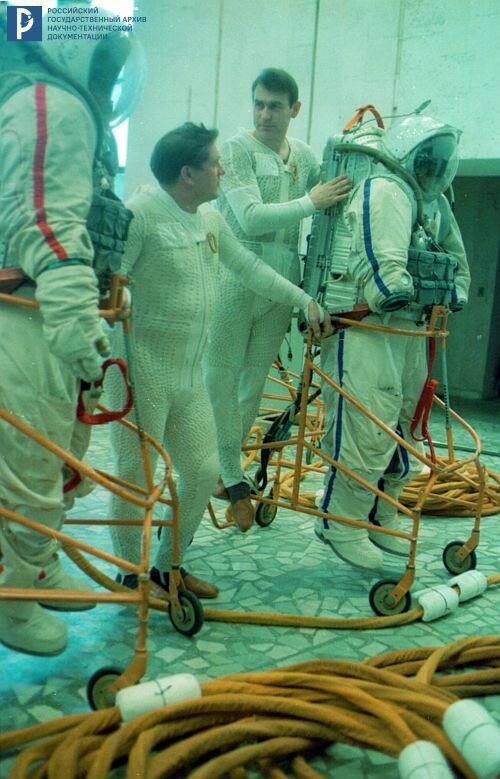 В.А. Ляхов и А.П. Александров в костюмах водяного охлаждения в гидролаборатории ЦПК им. Ю.А. Гагарина. 1983 г. РГАНТД. Арх. № 1-3856 цв.