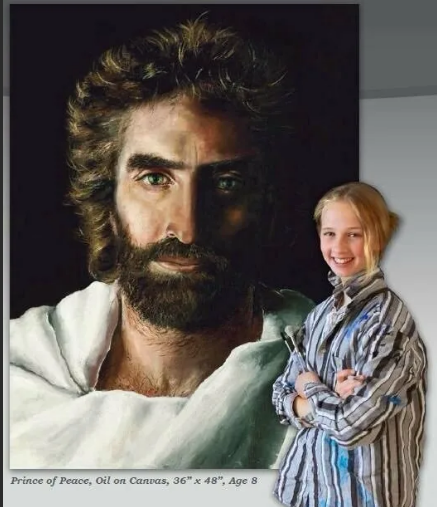 Акиан и её картина, написанная в возрасте 8 лет маслом на холсте