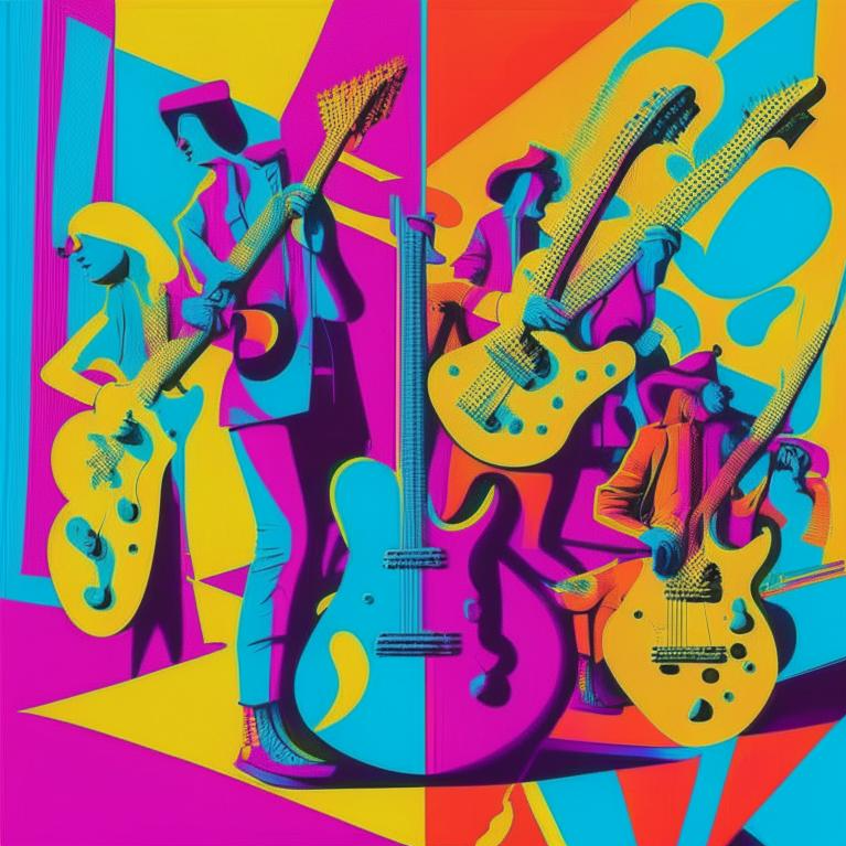 "Ансамбль гитаристов играющий на необычных гитарах в стиле поп арт"            Изображение создано с помощью нейросети Kandinsky 2.1. Ссылка на платформу: https://fusionbrain.ai/diffusion