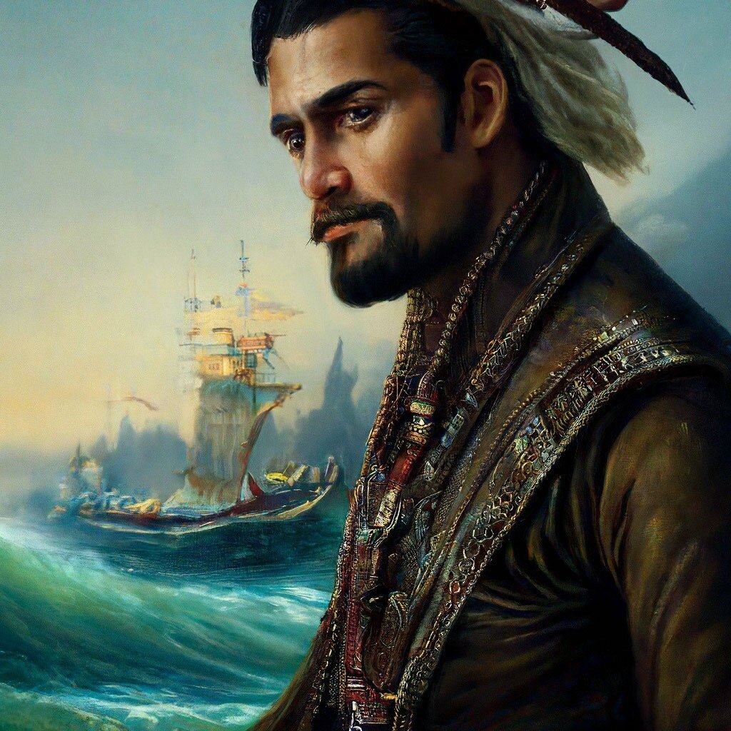 Принц Даккар: капитан индиец, 20000 лье под водой, эстетично, реалистично, высокое разрешение, высокая детализация, 8k, профессиональное фото, 30mm lens, ISO 100, vaporwave