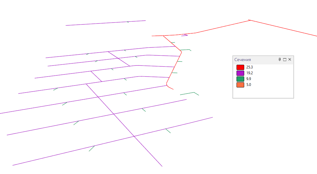 Рисунок 1. Сеть осевых линий горных выработок, раскрашенная разным цветом по сечениям (видам работ).
