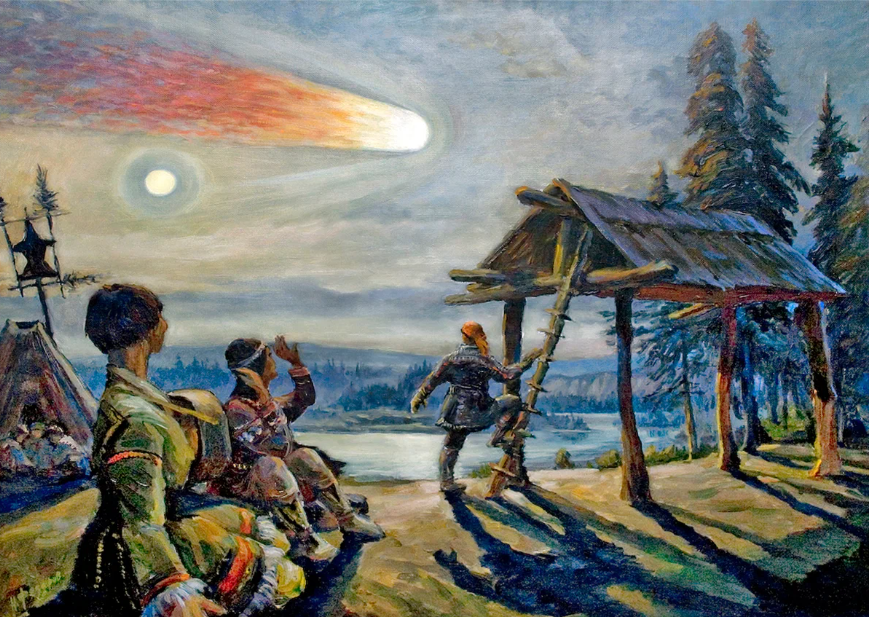 Рисунок №2. Полет большого светящегося шара Тунгусского Феномена, запечатленного на картине. Из воспоминаний очевидца, находившегося в 100 км от эпицентра в деревне Ванавара: "Вдруг небо раздвоилось и в нем широко и высоко появился огонь. Мне стало так горячо, словно загорелась рубаха. Но тут небо захлопнулось и раздался сильный удар. Меня отшвырнуло на 3 сажени, потом затряслась земля. Казалось, наступает конец света и вот-вот начнется страшный суд".