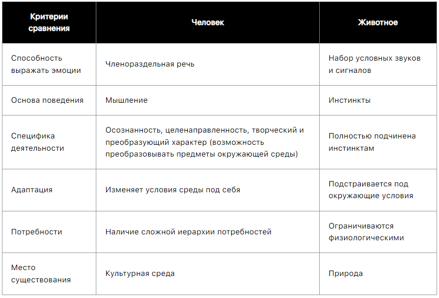 Сравнение человека и животного