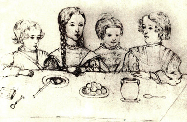 Дети А. С. Пушкина. Рисунок Н. И. Фризенгоф, 1839 год.