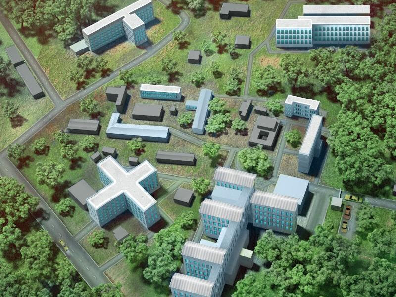 Территория больницы-лес, а в нем здания Второй корпус отдален от первого на 700 метров.