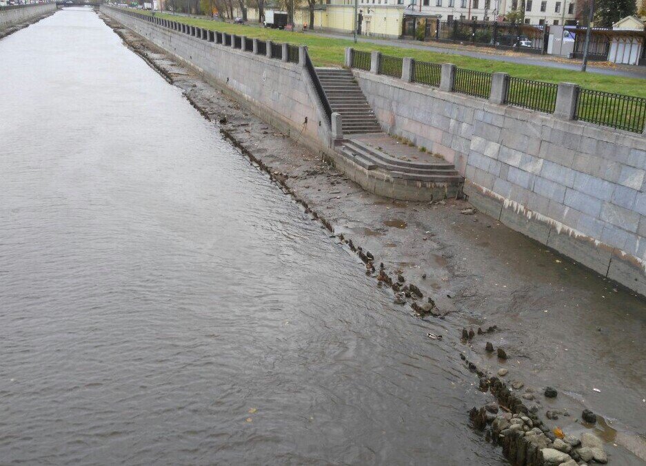 Ушедшая вода обнажила остатки деревянного шпунта старого Обводного канала.