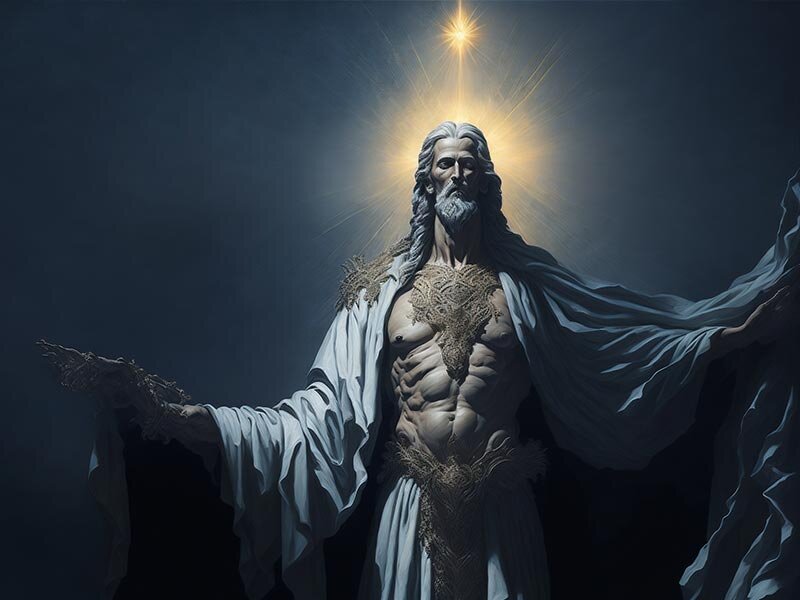 Иллюстрация на тему Отца небесного, похоже на облик Зевса или Юпитера. Изображение создано нейросетью.