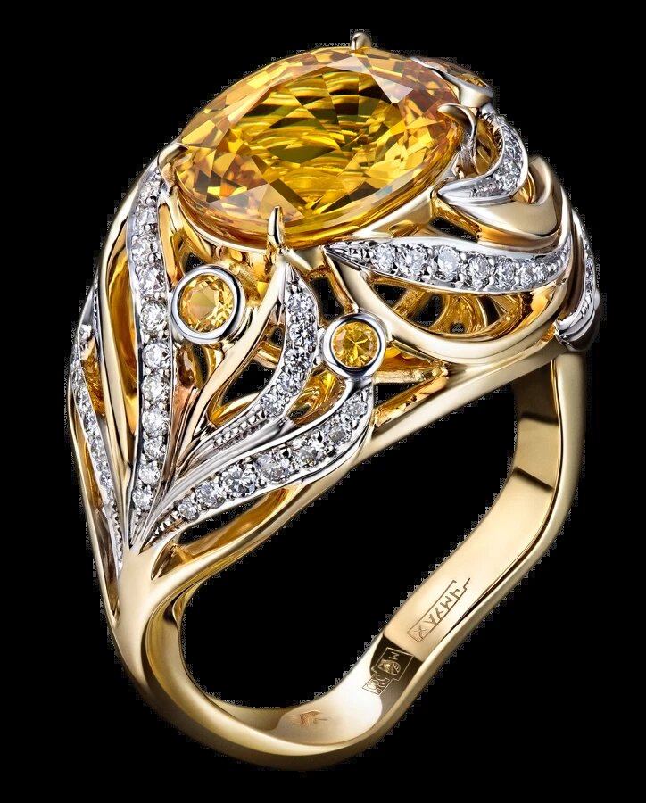 Кольцо "Магия солнца", желтое золото 585 пробы, желтые сапфиры, бриллианты, RODIS