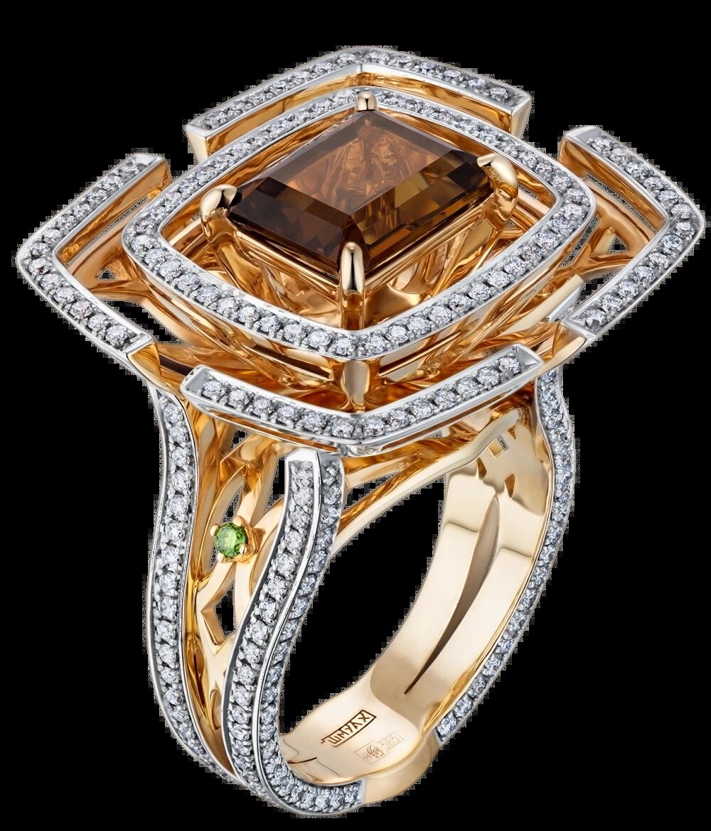 Кольцо "Витражи", золото 585 пробы, прозрачные бриллианты высшей категории, кварц.