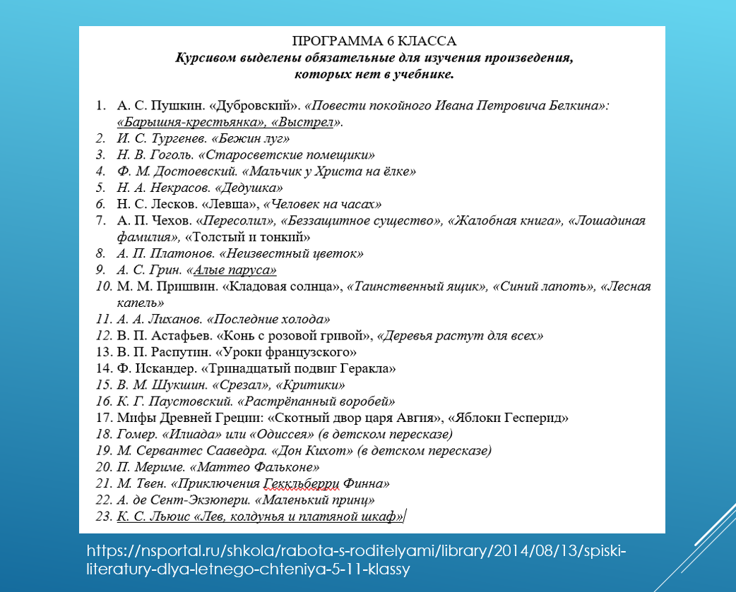 Это список литературы для летнего чтения для учеников, переходящих в 6 класс. Летнее чтение равно программе по литературе