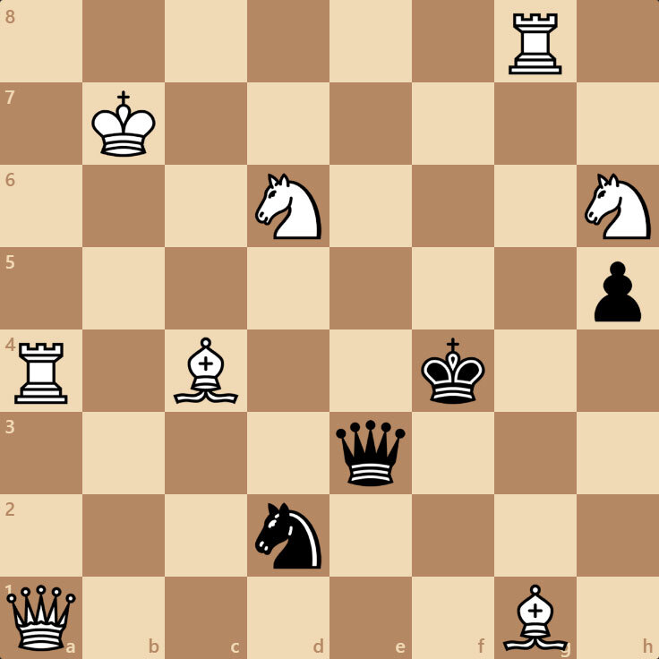 Белые ставят мат в 1 ход. Решение единственное.