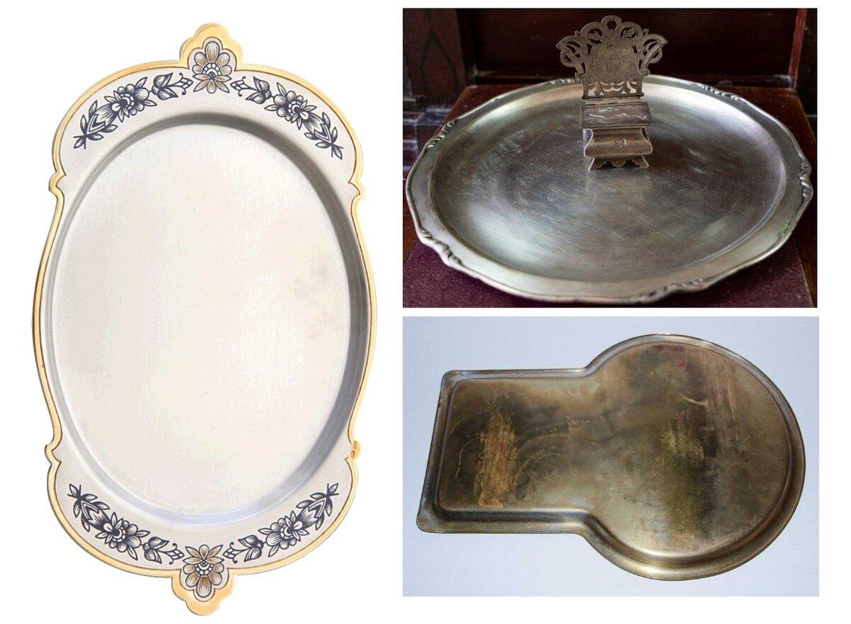 Серебряные поднос и солонка из Бунинской коллекции в фондах ОГЛМТ. Помимо декоративной функции и функции защиты от капель и искр подносы выполняли  работу радиатора, отводили и распределяли избыточное тепло от ножек самовара, что позволяло ставить горячий самовар на любые поверхности