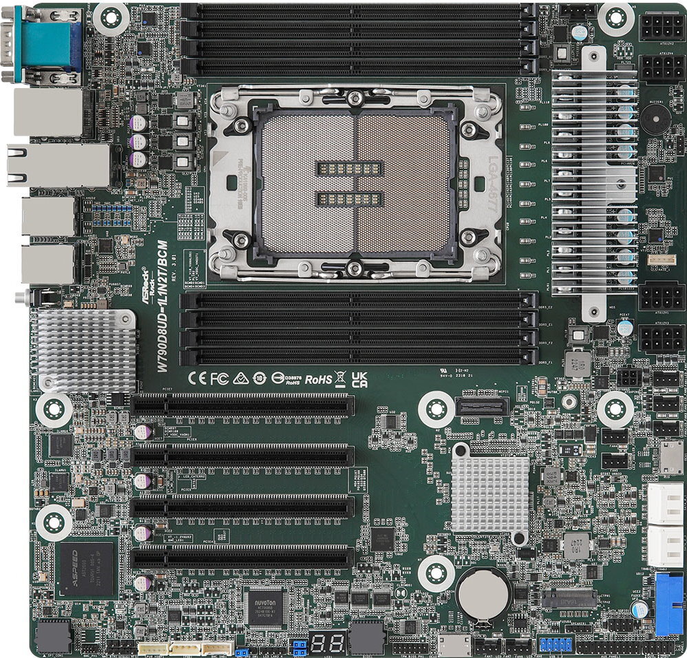 Ассортимент материнских плат для рабочих станций от компании ASRock пополнила интересная модель — Deep Micro-ATX плата W790D8UD-1L1N2T/BCM для процессоров Intel Xeon W-2400 и W-3400 семейства Sapphire