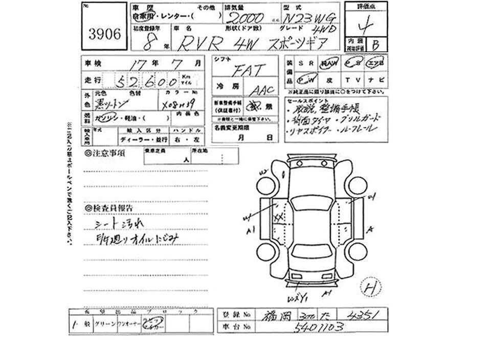 Так выглядит аукционный лист в Японии, с отметками и балльной системой оценки