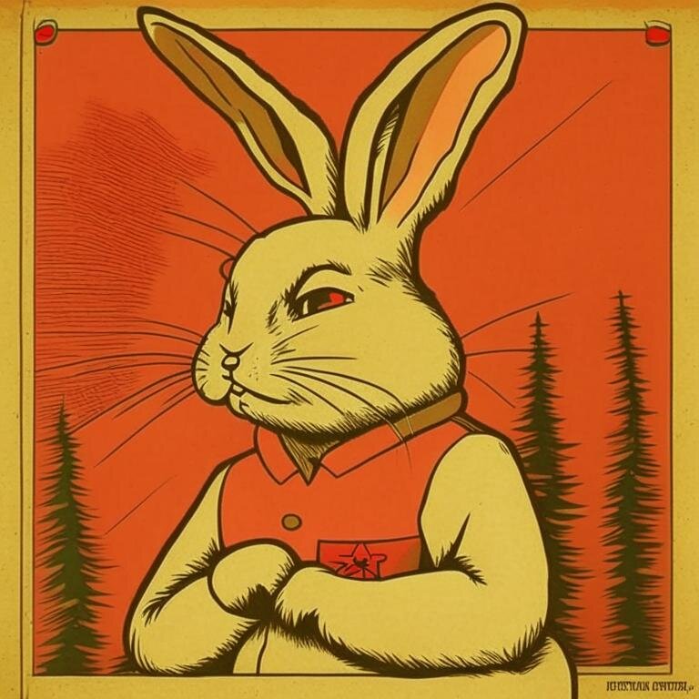 Мудрый Кролик. Нейросеть Kandinsky 2.1. Задала стиль «Советский мульфильм», но это скорее северокорейский мультик.