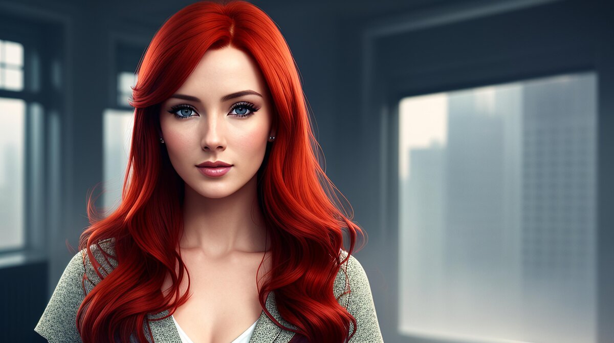 Девушка с рыжими волосами и голубыми глазами.