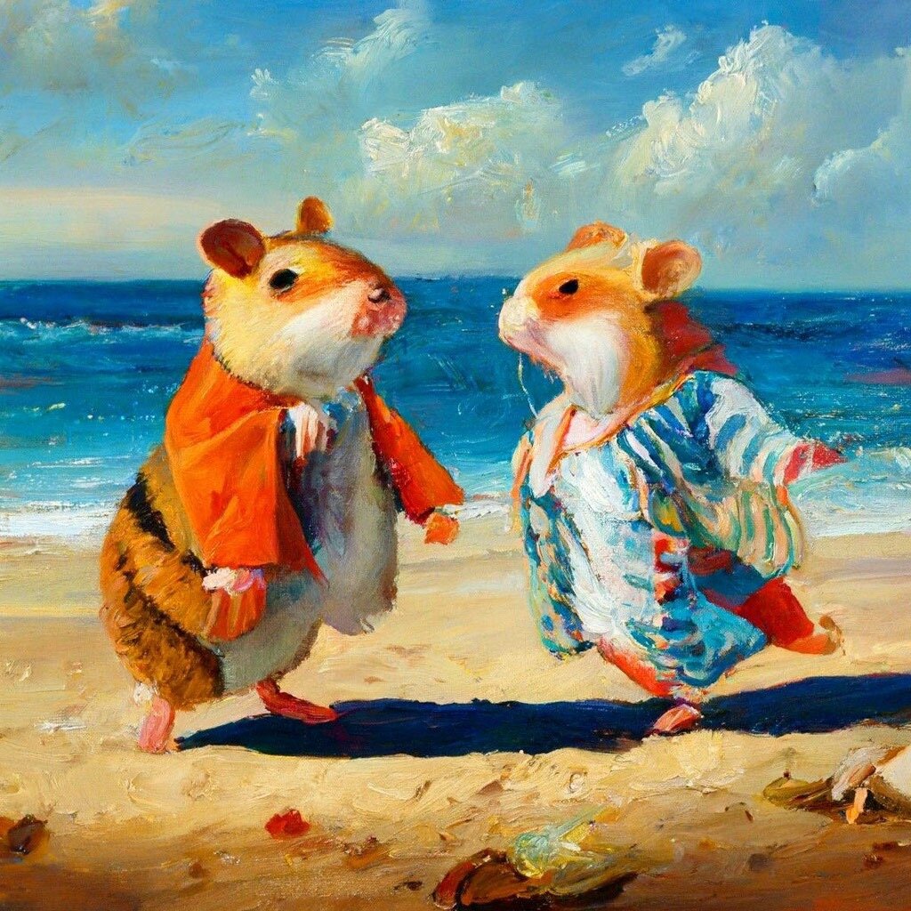 хомяки в стиле Джек Веттриано, романтичный фигуративизм, пляж