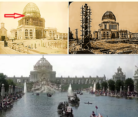 Наверху фото "строительства", а в реальности восстановления (после пожара 1871-го года) главного здания Чикагской выставки. Восстановительные работы доказываются наличием меньшего купола (показан красной стрелкой), когда на фасаде ещё были леса, а не наоборот. Четыре нижних купола потому были сняты также для восстановления. То, что здания построены на основе металлоконструкций, явно видно по центральному куполу здания. Внизу - выставка «Покупка Луизианы» (Louisiana Purchase Exposition) в Сент-Луизе 1904-го года к столетию покупки (за мизерную сумму) огромного штата Луизианы у наполеоновской Франции. Наполеон конечно, не продавал земли, которые всегда лишь завоёвывал. Присоединяя Луизиану к США, он создавал империю и в Америке, но включавшую верхние земные массивы, закрепляя этим свою власть и за океаном.