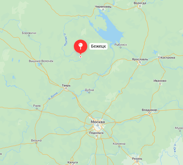 Расположение города Бежецк на карте