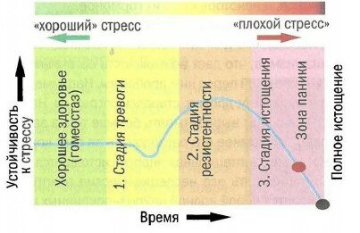 Рисунок 1. Стадии общего адаптационного синдрома и кривая стресса (no Селье)
