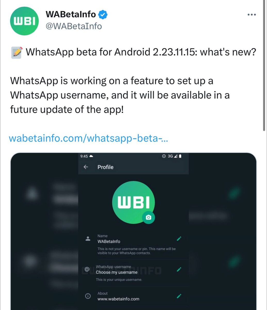 Пора придумывать юзернейм для WhatsAppФункцию выбора уникального имени (юзернейма) обнаружили в последней бета-версии Android-приложения. Так, пользователи WhatsApp смогут делиться своим юзернеймом вместо номера телефона (как в Telegram).Компания пока не комментирует новую функцию.