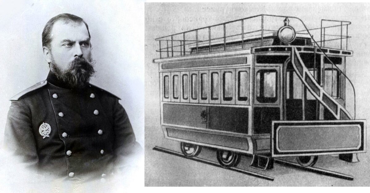 Федор Пироцкий и его трамвай, переделанный из вагона конки. Ток к мотору у трамвая Пироцкого поступал не по проводам, а подводился через рельсы. Фото: www.Russkievesti.ru.