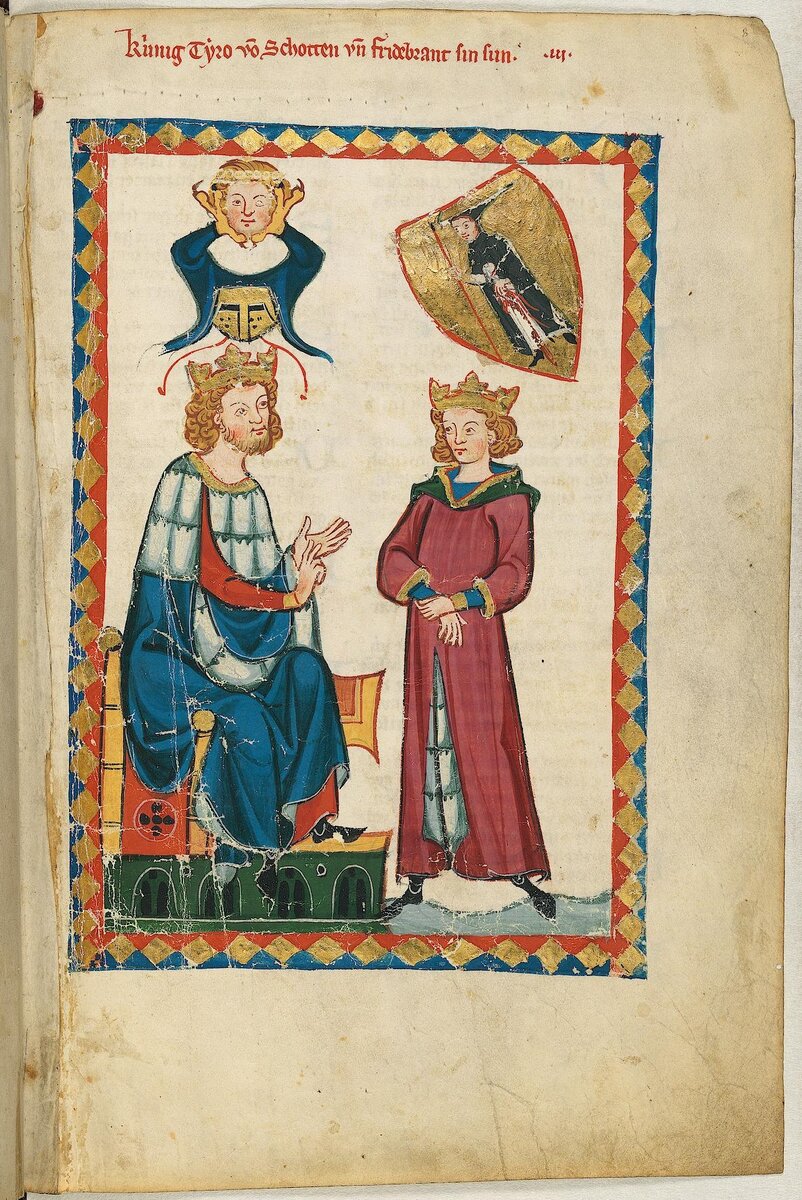 Король Шотландии Тиро. Обратите внимание на шлем над его головой!