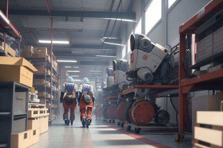 Рисунок ИИ по запросу «Изображение людей, работающих вместе с роботами-помощниками в производственном цехе.»