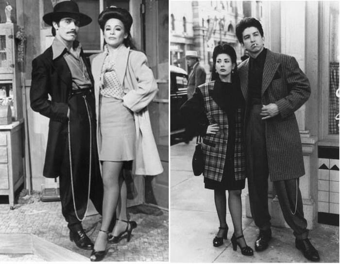 Zoot suit ("зут"). Гангстерский стиль. Цепочка неимоверной длины  - обязательно. Стиль пошел от афро и латиноамериканцев, которые сначала слушали свинговый музончик, а потом шли грабить. Что-то мне это напоминает.  
Слово zoot - это исковерканное слово suite