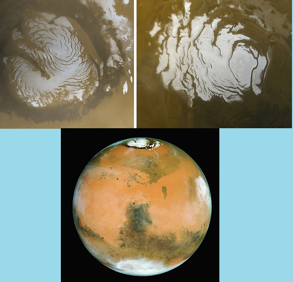 На фото слева вверху -в 2,5 раза большая северная ледяная шапка планеты. Справа - южная ледяная шапка. Марс постоянно наклонён южным полюсом к Солнцу, что и видно на фото внизу.