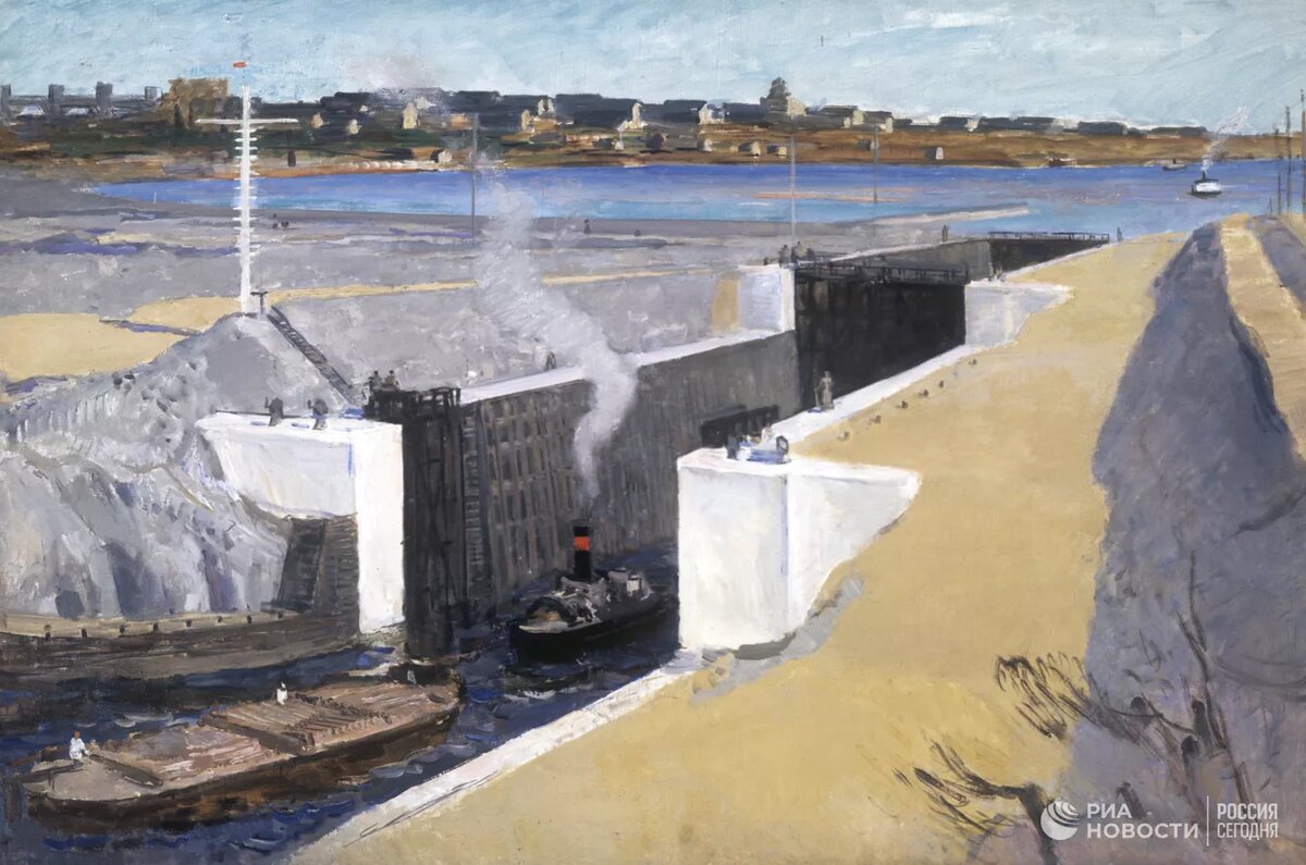 Репродукция картины С. Герасимова "Беломоро-Балтийский канал".