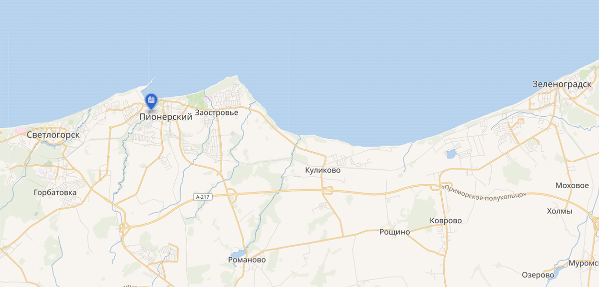 Пионерский на карте Калининградской области.