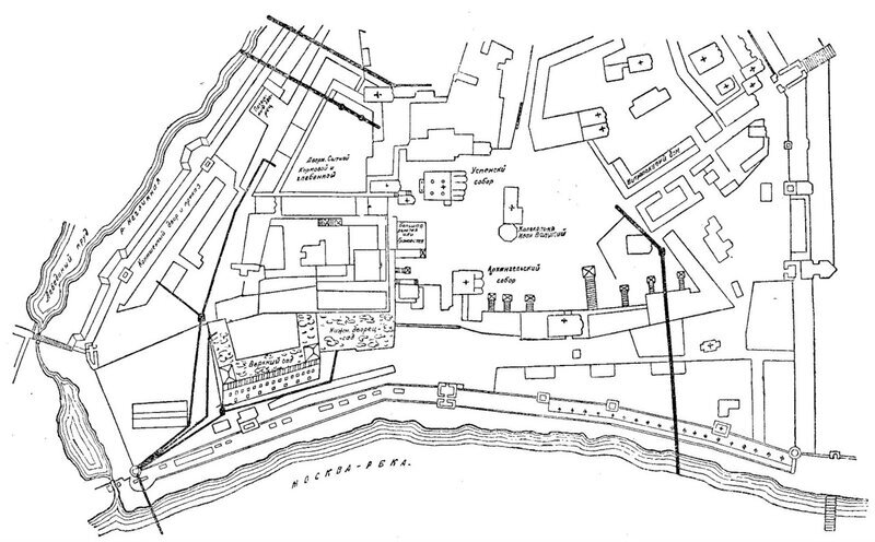 

Рисунок 67. План части Кремля XVII века с водопроводами и каналами (вариант реконструкции).