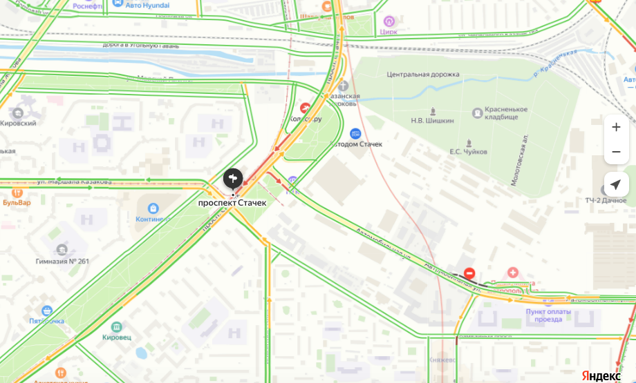    Пробка на проспекте Стачек и улице Маршала Казакова после ДТП с участием грузового автомобиля, 23.05.2023. Автор фото: "Яндекс.Пробки"