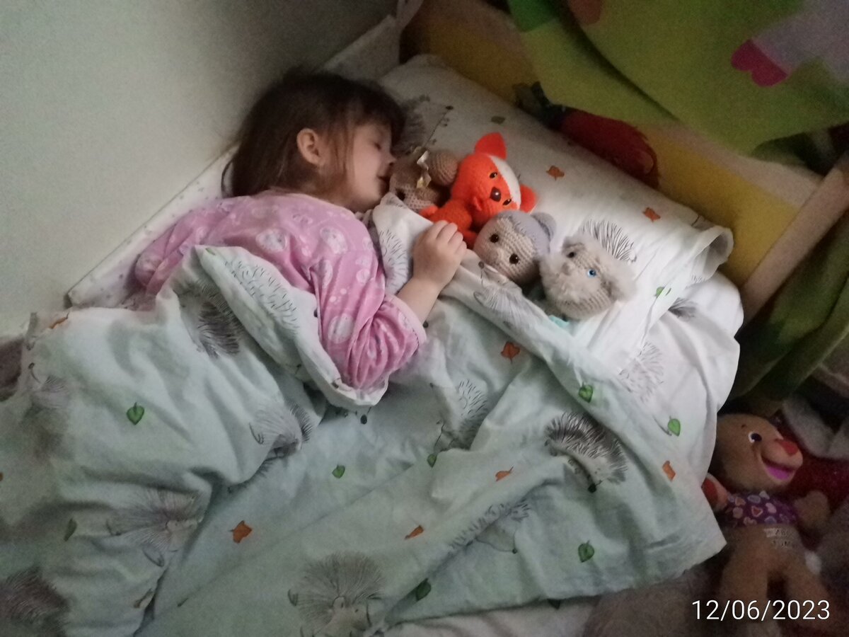 Вот так Агния обычно укладывается спать. Если встаёт ночью, то идёт к нам со всеми игрушками. Часто ещё и со своим зелёным одеялом. 