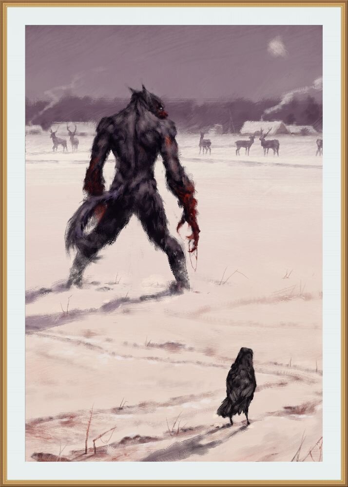 © Jakub Rozalski / Якуб Розальски /  Сталкер - он же параноик-оборотень / И текст от автора : "Опять эта чертова птица! Клянусь, всегда, каждый раз, когда я охочусь, эта чертова птица следует за мной! Он знает?! Да, он точно знает! Что, если он расскажет кому-нибудь, расскажет о моем секрете! Чертова птица!"