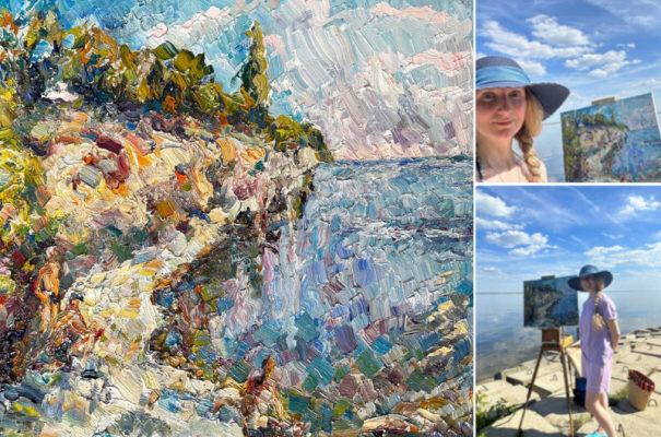    Лана Садовская за работой на набережной Волги