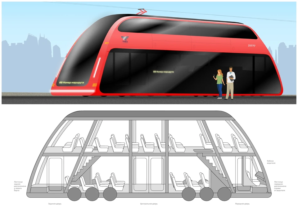 Рендер двухэтажного трамвая производства УКВЗ от "Роскосмоса" для г. Циолковский