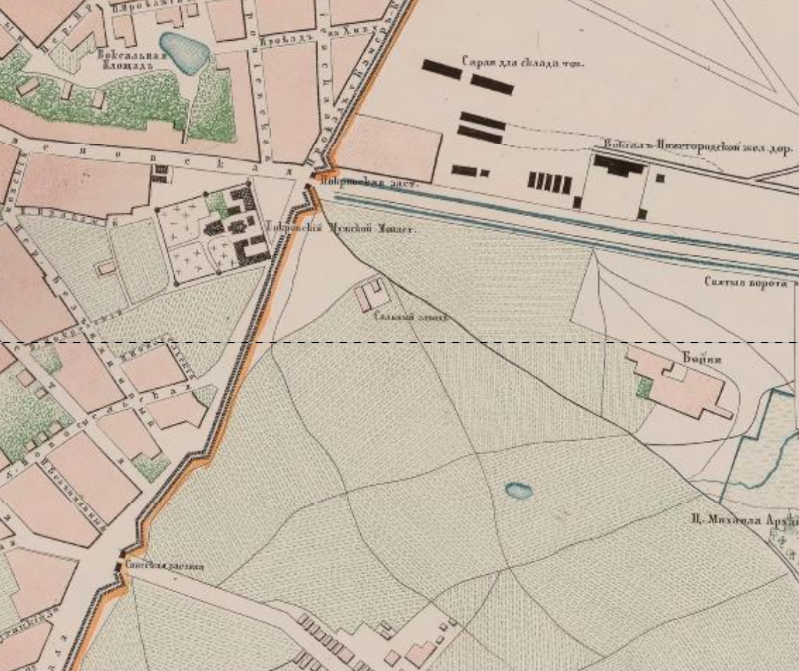 Линия Камер-Коллежского вала на месте современной Абельмановской улицы пока без названия. Также обратите внимание на Нижегородский вокзал справа сверху. Даже некоторые историки путаются и считают его предшественником Курского, хотя это не так. Фрагмент карты Москвы 1859 года. С сайта www.retromap.ru.