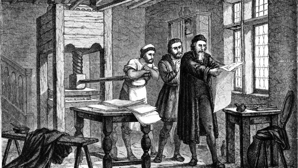 Гравюра XIX века, на которой Гутенберг печатает первую страницу Библии.