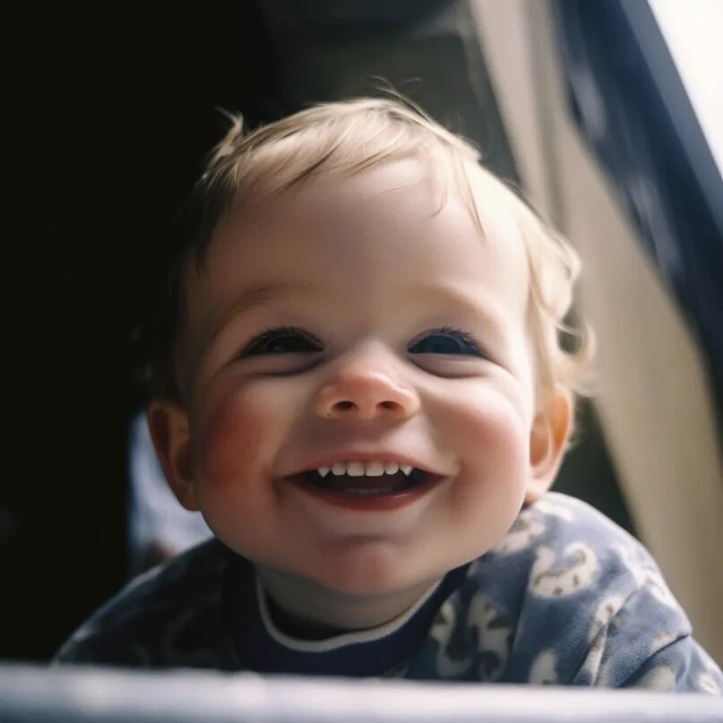 low-angle view of a smiling 2-year-old boy. Kodak Ektachrome E100 --v 5