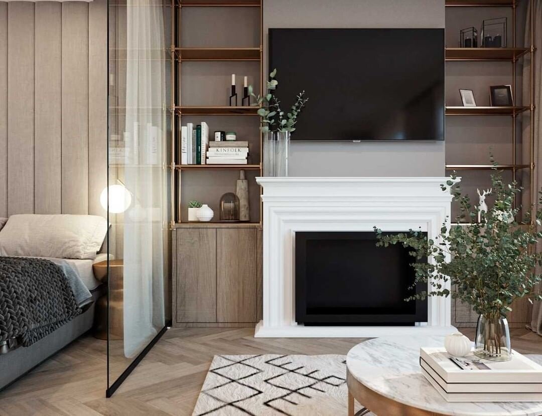 Панорамные окна и камин. Аристократичный интерьер на площади всего 40 кв.м.