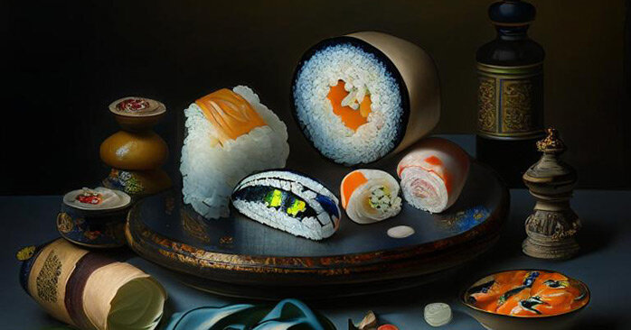 "Фламандский завтрак с суши", "Кандинский 2.1", экран, пиксели, 2023 год. Фрагмент.